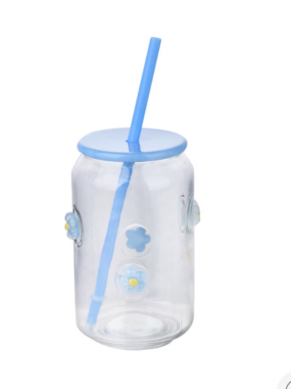 Blue Flowers Design Glass Icon Tumbler with Straw & Lid